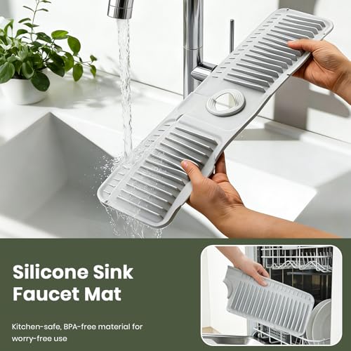24 Inch Faucet Mat for Kitchen Sink, Silicone Splash Guard for Kitchen Sink Area, 7° Slope Fast Self-Draining Sink Mat, Cuttable Hole Design, Sink Backsplash Guard Draining Mat, Grey - color: Gray