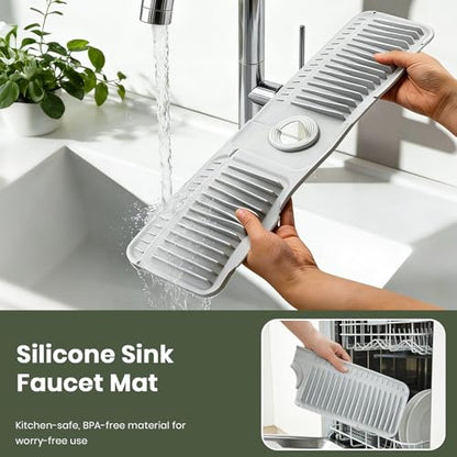 24 Inch Faucet Mat for Kitchen Sink, Silicone Splash Guard for Kitchen Sink Area, 7° Slope Fast Self-Draining Sink Mat, Cuttable Hole Design, Sink Backsplash Guard Draining Mat, Grey - color: Gray