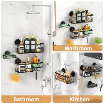ZUNTO Suction Cup Shower Caddy - 3pcs Reusable Shower Shelf Organizers with Soap Holder and Hooks - No Drilling Bathroom Shelves for Shampoo