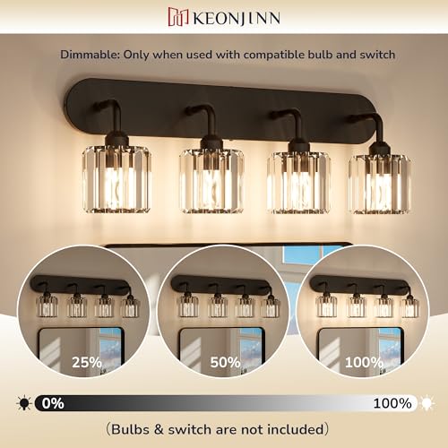 Keonjinn 6-Light Bathroom Light Fixtures, Crystal Black Bathroom Vanity Lights Over Mirror, Vanity Lighting Fixtures with Crystal Square Shades (E26 Socket, Exclude Bulb) - color: Black, size: 6-Light