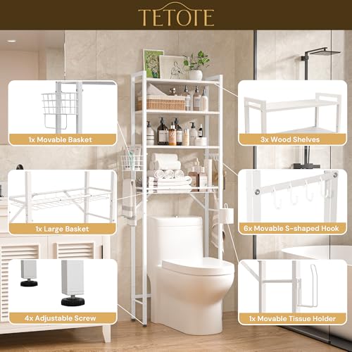 Over-The-Toilet Storage Rack, 4-Tier Bathroom Organizer Shelf Over Toilet with Adjustable Shelf and Basket, Freestanding Space Saver Bathroom Shelves Above Toilet for Room(White) - color: White