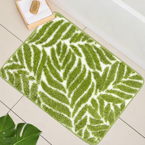 Green Leaf Bathroom Rugs - Bathroom Decor Cute Bath Mat for Sink, Tub, Small Rug, Green Bath Mats Washable Non Slip Funny Water Absorbent Bath Rugs Leaves 16" x 24" - color: Grass Green, size: 1'4" x 2' (Rectangular)