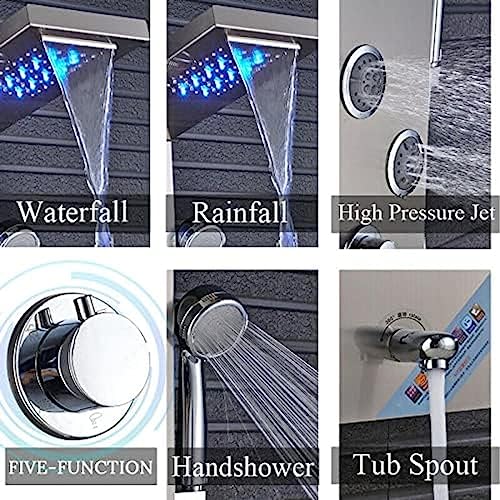 Stainless Steel Shower Panel Tower Suit,LED Rainfall Waterfall Shower Head 6-Function Faucet Rain Massage Suit with Body Jets