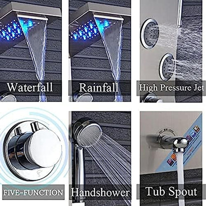 Stainless Steel Shower Panel Tower Suit,LED Rainfall Waterfall Shower Head 6-Function Faucet Rain Massage Suit with Body Jets