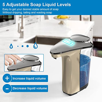 Automatic Soap Dispenser, 17oz Touchless Liquid Dish Soap Dispenser Kitchen | 17OZ Large Capacity, Infrared Sensor, 5 Adjustable Soap Levels, Hand Dispenser for Bathroom Kitchen Sink, Battery Operated - color: Champagne Gold