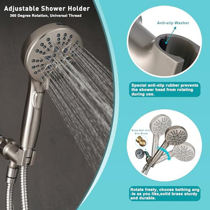 GwernKB Handheld Shower Head with ON OFF Switch & 79in Stainless Steel Hose | Brushed Nickel,Built-in Power Spray,7-mode High Pressure Spray with Bracket & Extra No Drilling Shower Holder for Lower Mount - color: Brushed Nickel