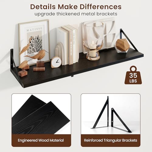 Deep Floating Shelves, 36'' x 10'' Black Wall Shelves Set of 2 | 10 Inch Deep Shelves with Heavy Duty Brackets, Rustic Wood Shelves for Bathroom Living Room, Engineered Wood, 45LBS - color: Black, size: 36W x 10D