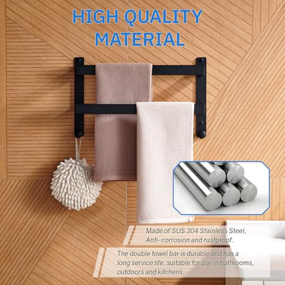 16 Inch Double Towel Bar with Hooks Matte Black, Stainless Steel Bath Shower Towel Rack Wall Mounted Towel Rod Holder for Bathroom - color: Matte Black, size: 16-Inch