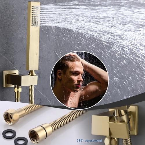 Enga Thermostatic Dual Shower System, 12"+6" Wall Mount Dual Rain Shower Faucet, All Functions Use Together & Volume Adjustable, Brushed Gold - color: Brushed Gold, style: ‎12"+6" Head