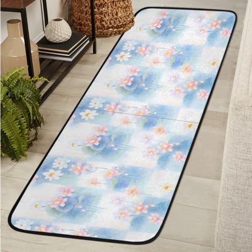 Watercolor Lotus Flowers Leaves 2' X 6' Washable Soft Comfort Carpet Runner Non-Slip Absorbent Area Rugs for Indoor Hallway Kitchen Laundry Bathroom Entryway Bedroom Runner Mat - color: Print 13