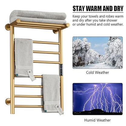 Gold Heated Towel Warmer Rack, Electric Heated Towel Drying Rack for Bathroom Radiator 70W, 7 Bar Wall Mounted Heated Towel Rail with Top Shelf Stainless steel Towel Warmer, 72*45*25Cm(Plug In)