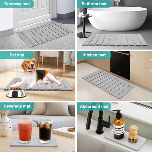 Large Stone Dish Drying Mat for Kitchen Sink Diatomite Countertop Dish | Diatomaceous Earth Mat Dishes Drainer Drying Tray Water Absorbent Quick Draining Pads Fast Foldable Bathroom Drying Mats - color: Light Gray