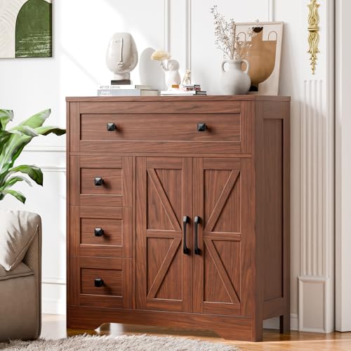 Vabches Farmhouse Storage Cabinet with 2 Doors and 4 Drawers, Walnut | Freestanding Bathroom Storage Cabinet Kitchen Pantry, Floor Hutch Cupboard for Living Room/Bathroom/Kitchen - color: Walnut, style: 4 Drawers
