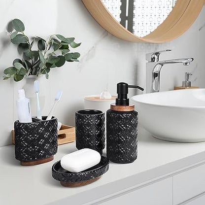 RQYIXI Ceramic 4-Piece Bathroom Accessories Set,Matte Black | Countertop Essentials Embossed Textured Design Solid Wood Non-Slip Detail Matte Black Finish - color: Black, size: Embossed Textured-4-Piece