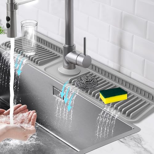 24-Inch Kitchen Sink Splash Guard Mat | 7° Slope for Fast Self-Draining | Snap-Lock Design | Universal & Cuttable Silicone Faucet Mat Gray - color: Gray, size: 24" x 5.5"