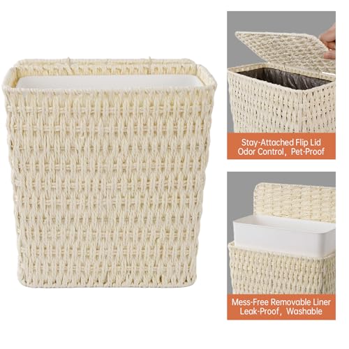 Coeusy 3 Gallon Paper Rope Bathroom Trash Can,Small Wicker Trash Cans with Lid and Liner,Woven Rattan Narrow Waste Basket for Bedroom,Office,White - color: White