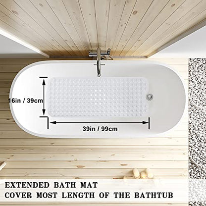 Bathtub and Shower Mats, Extra Long Non-Slip Bath Tub Mat 39 x 16 Inch, Machine Washable Bathmat with Suction Cups & Drain Holes for Bathroom Floor, White - color: White