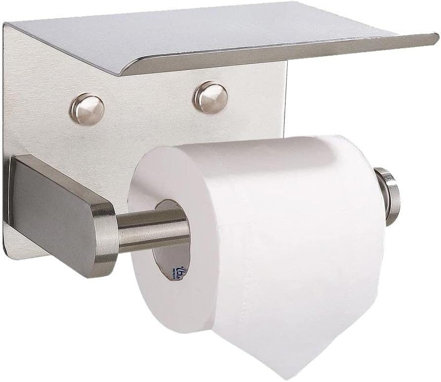 Premium Toilet Paper Holder with Phone Shelf, Wall Mounted, for Bathroom, Living Room, Restroom, RV, and so on, Stainless Steel-Rustproof,Tissue Roll Holder with Storage Shelf-Silvery(YaoJooHome) - color: Silver
