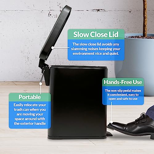 Reli. Small Trash Can with Lid, 1.3 Gal (5L) | Small Bathroom Trash Can | Stainless Steel, Black (Matte) | Step Pedal Garbage Bin with Removable Bucket, Kitchen