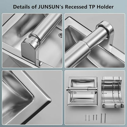 JunSun Polished Chrome Recessed Toilet Paper Holder Stainless Steel Toilet Paper Roll Holder Tissue Holder Modern Tissue Roll Dispenser Square Jumbo Mega Roll Holder - Rear Mounting Bracket Included - color: Polished Chrome