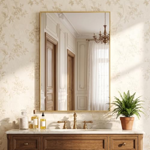 HARRITPURE 24"x36" Rectangle Bathroom Mirror, Gold Vanity Wall Mirror | Aluminum Alloy Frame Wall Mirror, Horizontal or Vertical Wall Mount for Entryway Bedroom Living Room - size: 36"L x 24"W