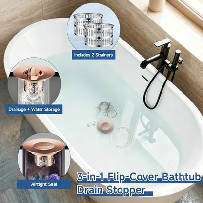 1.4"-2.6" Flip-Cover Bathtub Drain Stopper, 2 Strainers（1,Rose Gold） | Flush-fit tool-free drain hair catcher, no springs, rustproof. Press to seal/drain, stops puddles. Durable - color: Flip Rose Gold