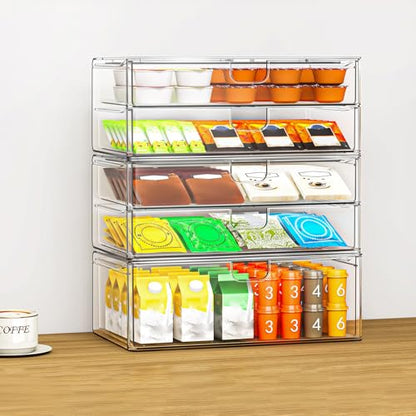 6-Pack Acrylic Stackable Storage Drawers for Vanity, Desk, Bath | 2 large & wide 13" drawers, Smooth-glide, stackable, clear body, dustproof, wipe clean, for makeup, pantry jars, under sink - style: 2 Large+4 Medium Drawers