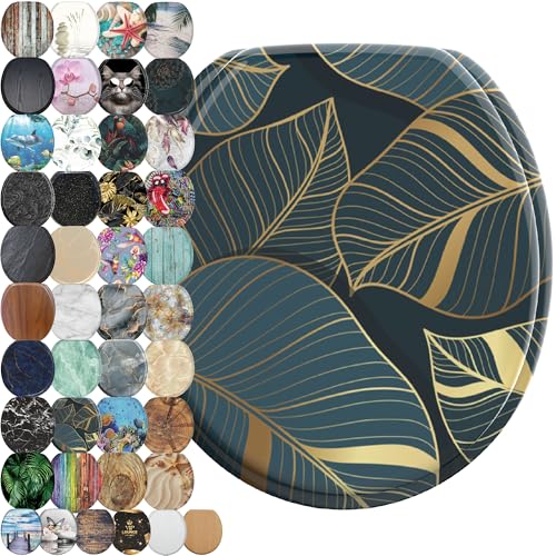 SANILO Wooden Toilet Seat with Soft Close [ROUND] - Decorative, Quiet & Slow Close Molded Wood Seat - With Strong Bumpers & Hinges - Adjustable Fit - Monstera - color: Monstera