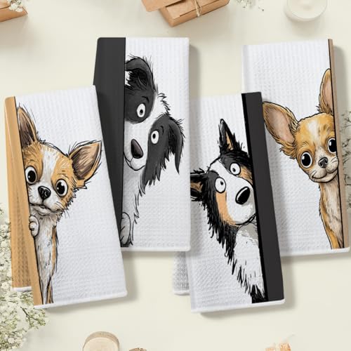 4 Pcs Funny Dog Kitchen Towels, Cute Dogs Gifts Pet Hand Towels 14x24 Inch - color: Multi 0154