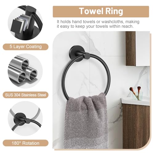 Black Bathroom Hardware Set, 4-Piece Towel Holder Set Include Double Bases Toilet Paper Holder,Towel Ring and 2 Towel Hooks Stainless Steel Wall Mounted Bathroom Hardware Accessories Set - color: Matte Black, size: Set B