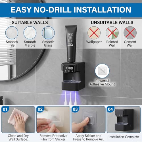 Wall-Mounted Automatic Toothpaste Dispenser, Toothbrush Cleaner with Sensor-Activated Design, Toothbrush Holder with Removable Slots & Smart Display, Toothpaste Dispenser for Kids & Adult (Black2.0) - color: Black2.0