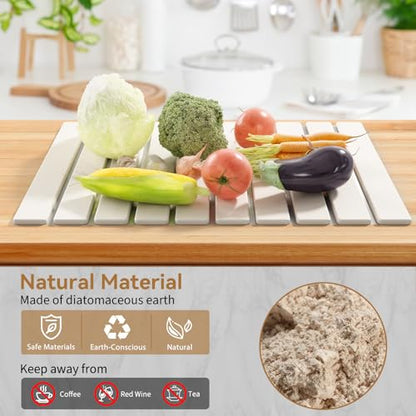 Foldable Stone Dish Drying Mat, 23.6"x15.3" Absorbent Quick Dry Board | Made of natural diatomaceous earth. Super absorbent mat for kitchen & bathroom countertops, drying dishes, cups & bottles.