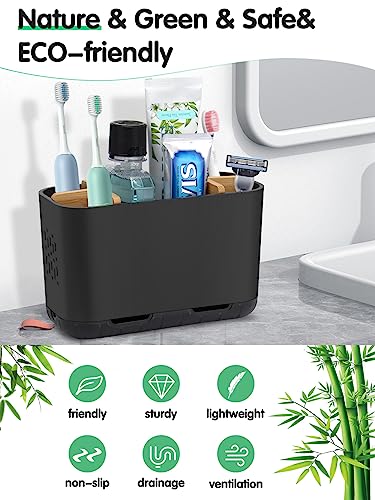 GFWARE Black Toothbrush Holder with Drainage, Bathroom Organizer, Large | 5 Slots Toothbrush and Toothpaste Holder with Bamboo Divider, Kids Electric Toothbrush Holder for Bathroom Sink Organize - color: Black-l