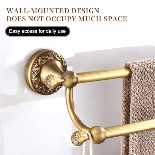 Wall Mounted Bathroom Double Towel Rack, Towel Bar Adjustable 15.5 to 27.5 Inch Antique Brass Pattern Carving,Brushed Bronze