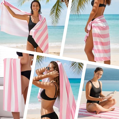 4 Pack Beach Towels Cabana Stripe Polyester Lightweight Quick-Dry Swim Pool Towel, 30'' x 60'' Oversized Compact Travel Bath Towel, Camping | Ultra-Portable, Multi-Functional, Pink - color: Pink 4pack
