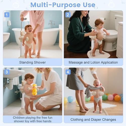2-in-1 Adjustable Baby Shower Support Set Bear Design with Little Toy Duck | Bathroom Safety Standing Infant Shower Chair & Bather Station | Portable Non-Slip Bathing Stand for 6-48 Months - color: Caramel