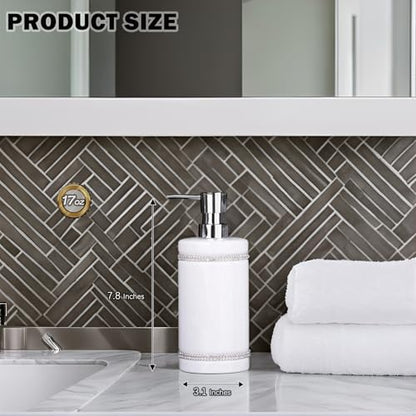 17 OZ Hand Liquid&Lotion Soap Dispenser Pump Bottle Ceramic White for Kitchen Bathroom Countertop Laundry Room Holds Dish Soap Shampoo Laundry Liquid Shower Gel (Inlaid Rhinestone) (White) - color: White