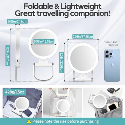 Magnifying Mirror with Light 30X, Double-Sided 1X/ 30X Magnifying Makeup Mirror with Tweezer, 2000mAh 3 Colour Modes with Adjustable Brightness,Foldable Travel Mirror(9" L x 7" W) - color: White