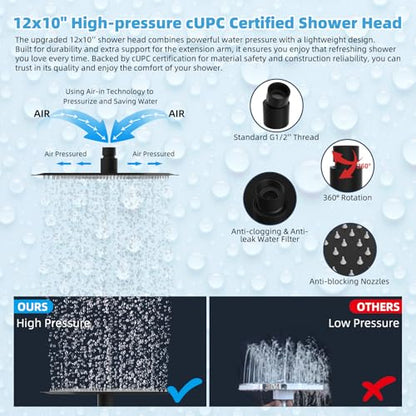 Hibbent All Metal CUPC Certified 12'' Rainfall Shower Head, Dual Shower Head Combo, High Pressure Handheld 4 Sprays Shower Wand, 16'' Adjustable Extension Arm, 71'' Hose, Shower Holder, Matte Black - color: Matte Black, style: Square 12''