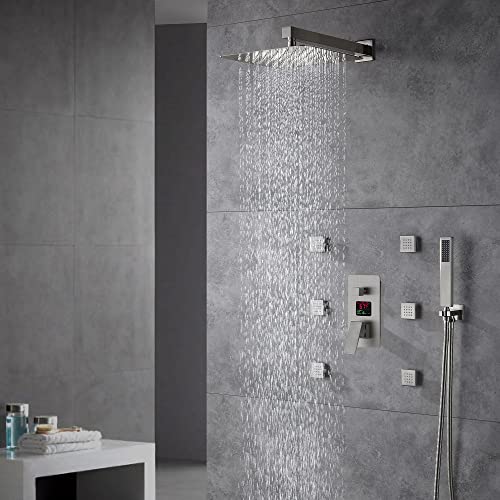 Cascada Digital 12” Wall Mounted Shower System with Single Handle & LCD Display, 3 Functions (Rainfall, Body jets & Handheld) (Brushed Nickel) - color: Brushed Nickel