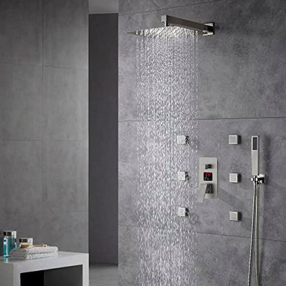 Cascada Digital 12” Wall Mounted Shower System with Single Handle & LCD Display, 3 Functions (Rainfall, Body jets & Handheld) (Brushed Nickel) - color: Brushed Nickel