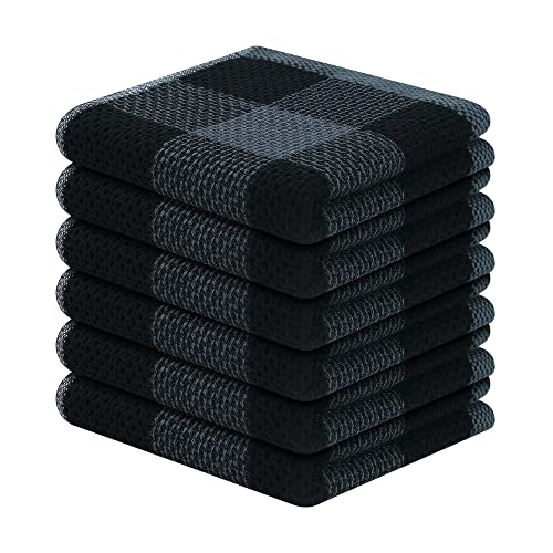Homaxy 100% Cotton Check 6 Pack Dish Cloths, 12" x 12", Black & Grey | Waffle Weave, Plaid, Super Soft and Absorbent Dish Rags, Quick Drying, Multi-Purpose - color: Black & Grey, size: 12 x 12 - 6 Pack