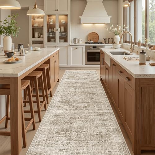 Soalmost Washable Kitchen Runner Rug 3x8 Hallway Entry Rugs Non-Slip, Brown | Vintage Runners 8ft for Bathroom Laundry Room, Foldable Low-Pile Floor Carpet Mat for Entryway Corridor Bedroom - color: Brown, size: 3' x 8' (Runner)