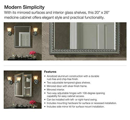 Kohler CB-CLW2026SS Aluminum Bathroom Medicine Cabinet with Mirror, Decorative Silver Framed Mirror Door, Adjustable Shelves, Rectangular Frame, 20 in. W x 26 in. H