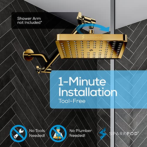 SparkPod Rain Shower Head, 8 Inch Square, Egyptian Gold Finish | High Pressure Shower Heads, 90 Nozzles, Adjustable Showerhead, No Tools Needed, Universal Connection - color: Egyptian Gold, style: 8 Inch Square