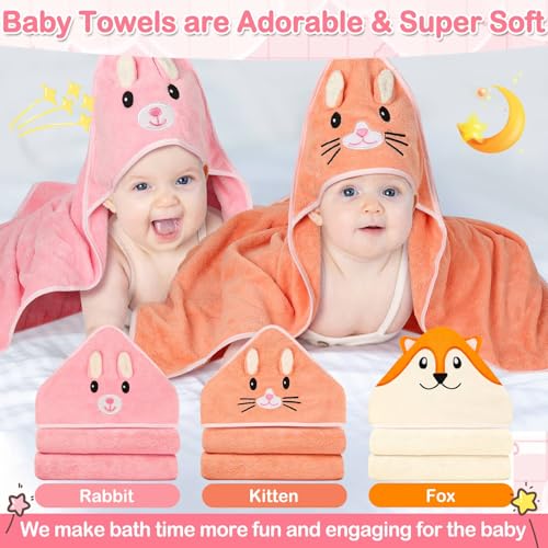 Sublaga 31x31 Inch Baby Hooded Towels, 12Pcs Baby Towels and Washcloths Set, Soft and Absorbent Baby Bath Towels, 3 PCS Cute 32x32 in Baby Towel with Hood and 9 Pcs Baby Washcloths for Boys and Girls - color: Pink Bunny, Orange Kitten, White Fox