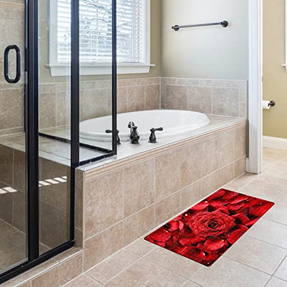 Bath Tub Mat Non Slip Shower Mat Romantic Red Rose Flower Lover Extra Long Bathtub Mat 26.8x15 inches Bathroom Bath Mat with Suction Cups Drain Holes Machine Washable - color: Romantic Red Rose Flower Lover