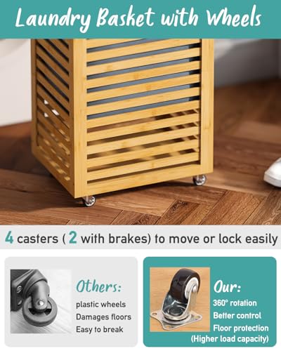 Laundry Hamper, 22.7 Gallon (86L) Bamboo Wood Clothes Laundry Basket with Wheels and Handles, Removable Liner - color: Natural