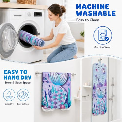 Cinrobiye Bath Mat for Tub Non Slip, 40 x 16 Inch Mermaid Cartoon Bathtub Shower Mat with Suction Cups and Drain Holes, Waterproof Machine Washable Bathroom Mat - color: Pink