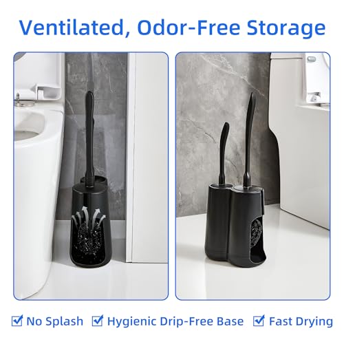 Toilet Brush and Holder Set with Pumice Stone Toilet Bowl Cleaner | Long-handle Scrubber with Ventilated Holder and Pumice Stone for Hard Water Stains, Limescale and Toilet Rings - color: Black